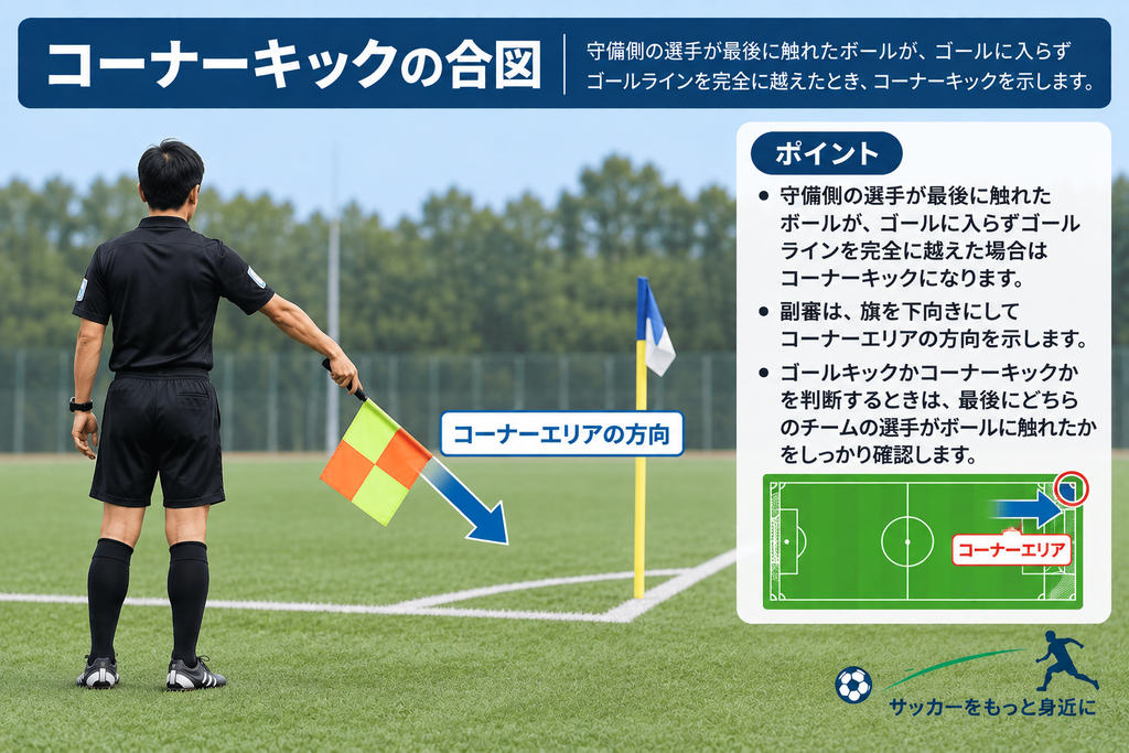 サッカー副審がコーナーエリアの方向を旗で示すコーナーキックの合図