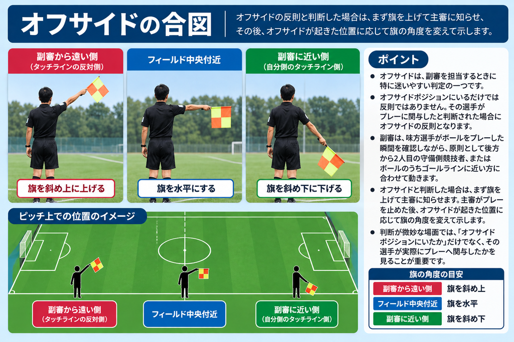 サッカー副審のオフサイドの旗の合図と位置による角度の違い