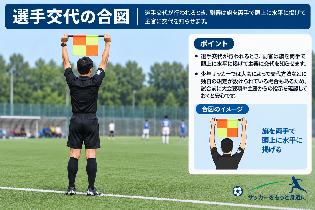 サッカー副審が旗を両手で頭上に掲げる選手交代の合図