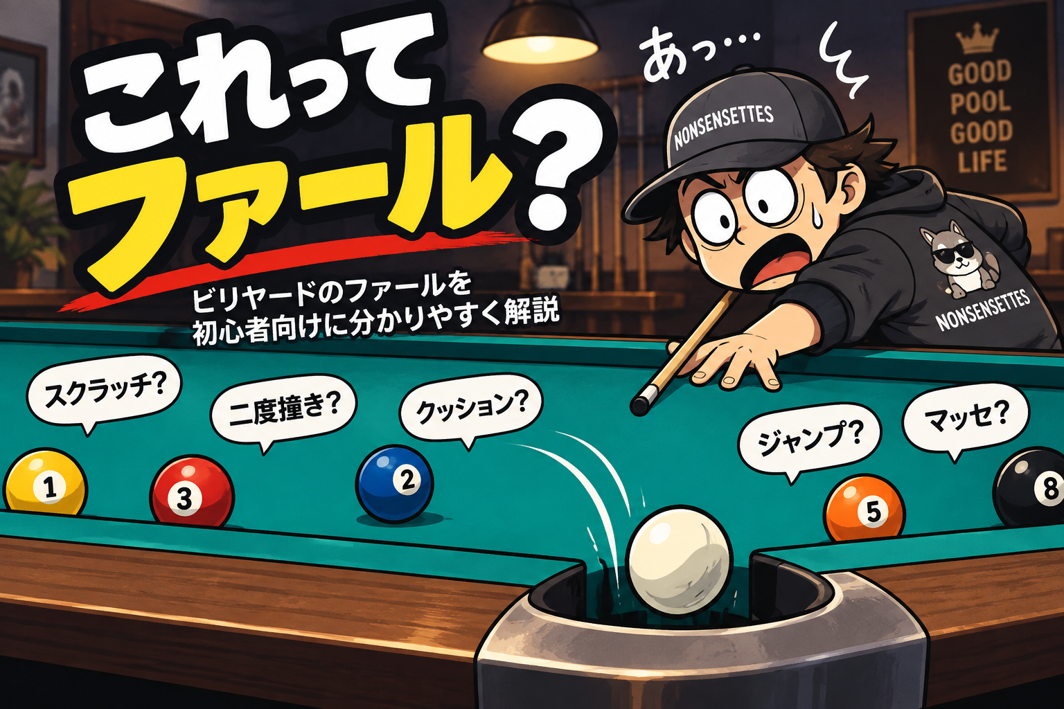 ビリヤードで手球がポケットに入りファールになった場面のイラスト
