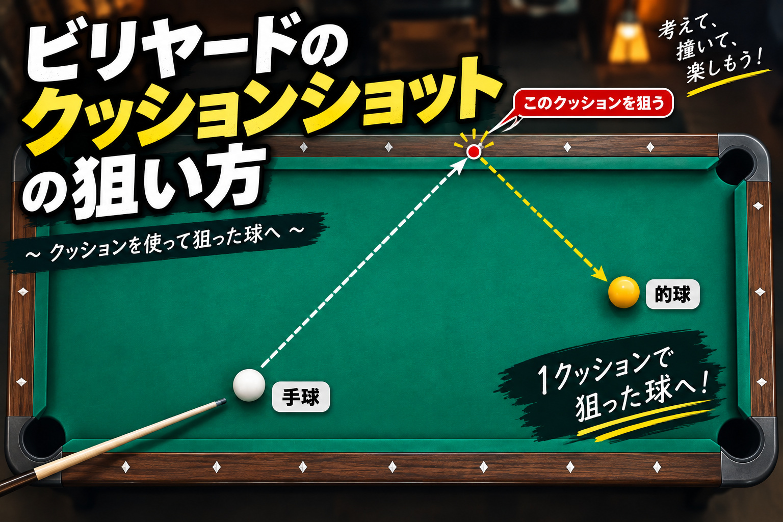 ビリヤードのクッションショットで手球を1クッションさせて的球を狙うイラスト