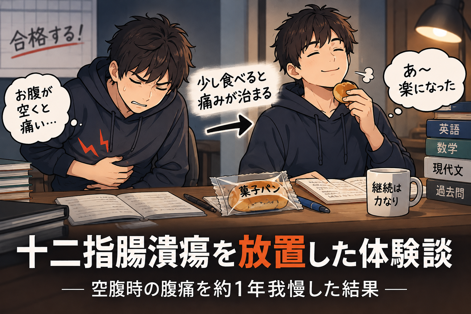 十二指腸潰瘍を放置した体験談。空腹時に腹痛が起こり、少量の菓子パンを食べると痛みが治まっていた当時の様子