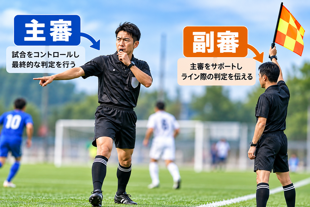 サッカーの主審と副審の役割の違いを示した図