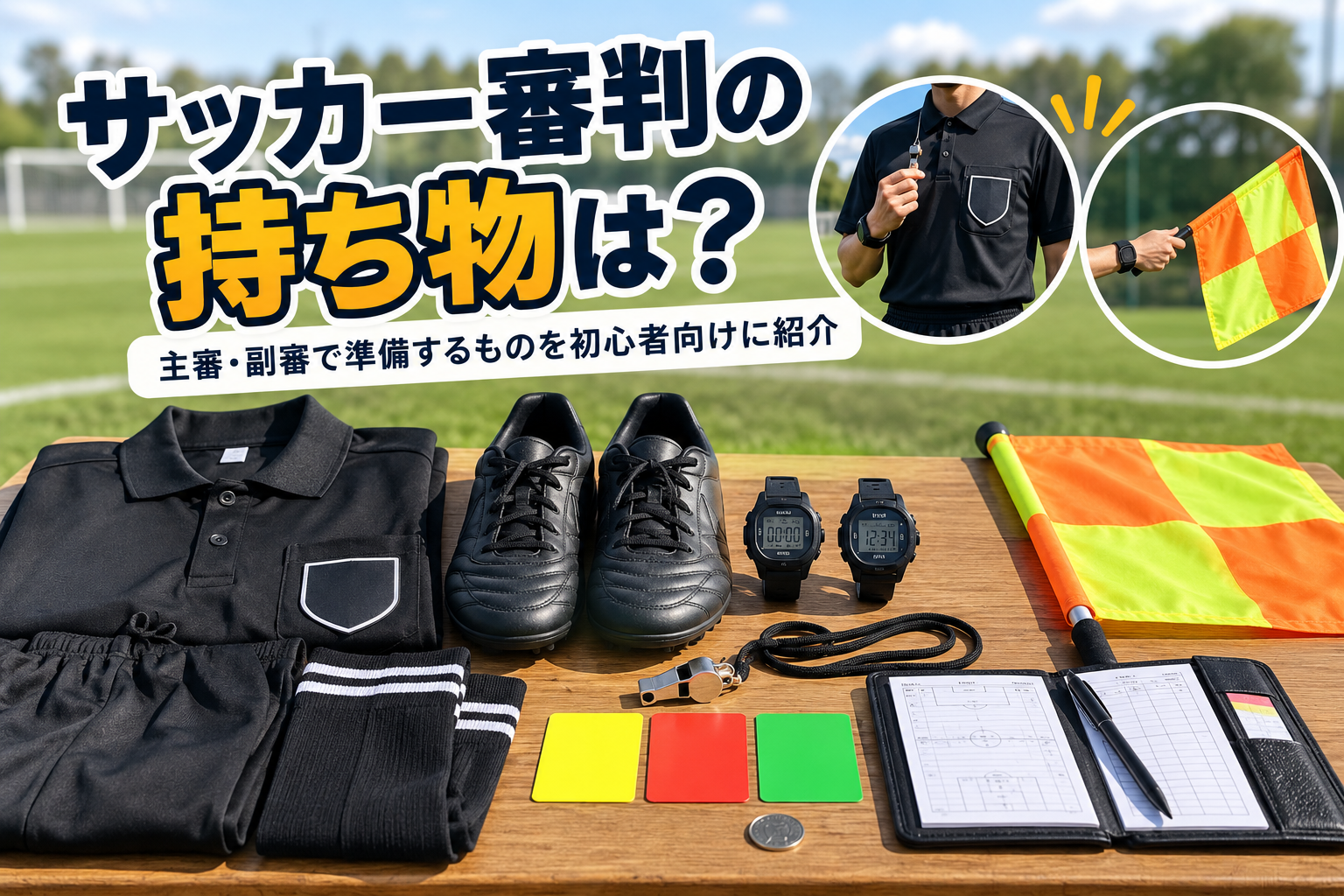 サッカー審判の持ち物。審判服、シューズ、腕時計、笛、カード、コイン、手帳、副審用フラッグ