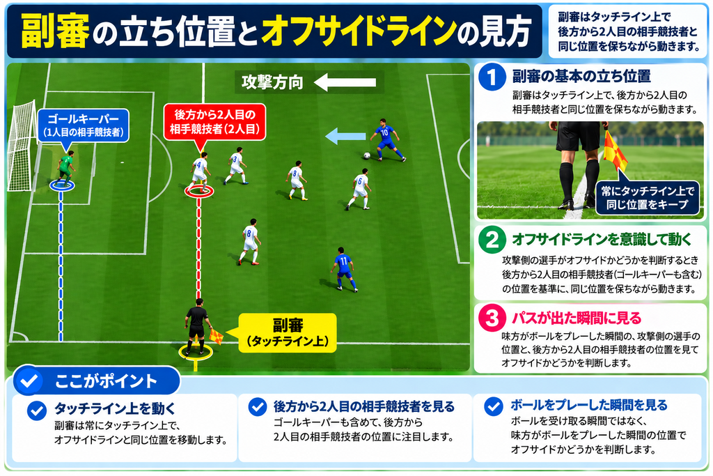 サッカー副審の立ち位置とオフサイドラインの見方を解説した図