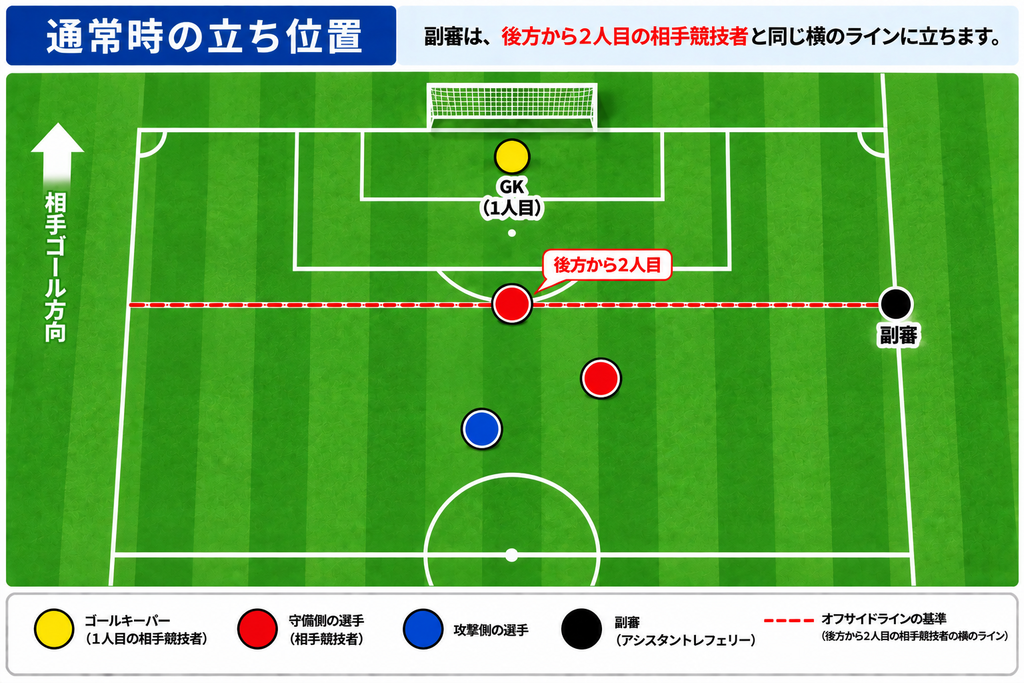 サッカー副審が後方から2人目の相手競技者と同じ位置に立つことを示した図