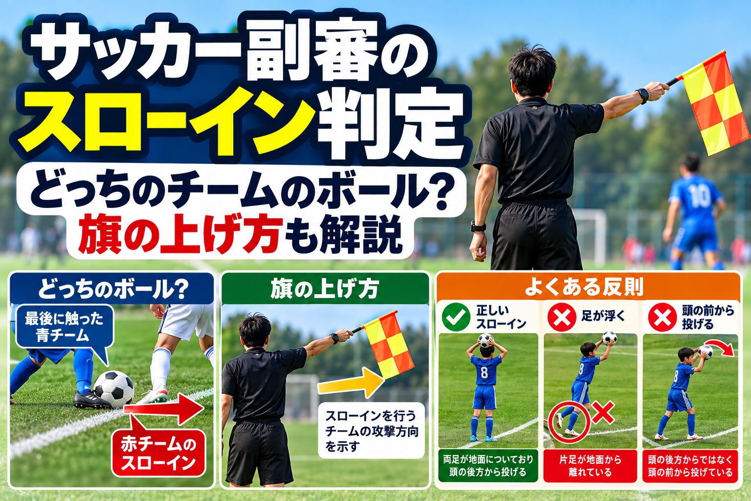 サッカー副審のスローイン判定と旗の上げ方を初心者向けに解説