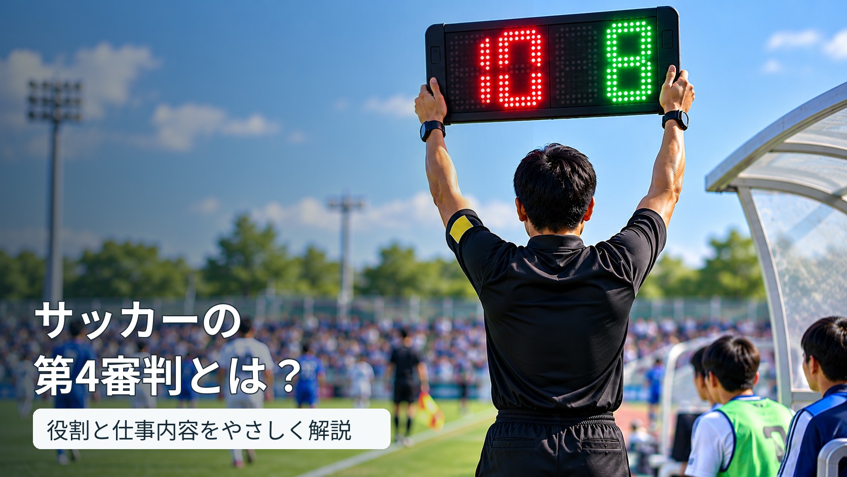 サッカーの第4審判員が選手交代ボードを掲げている様子