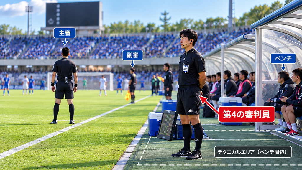 サッカーの第4の審判員がハーフウェーライン付近のベンチ側に立っている位置を示した解説画像