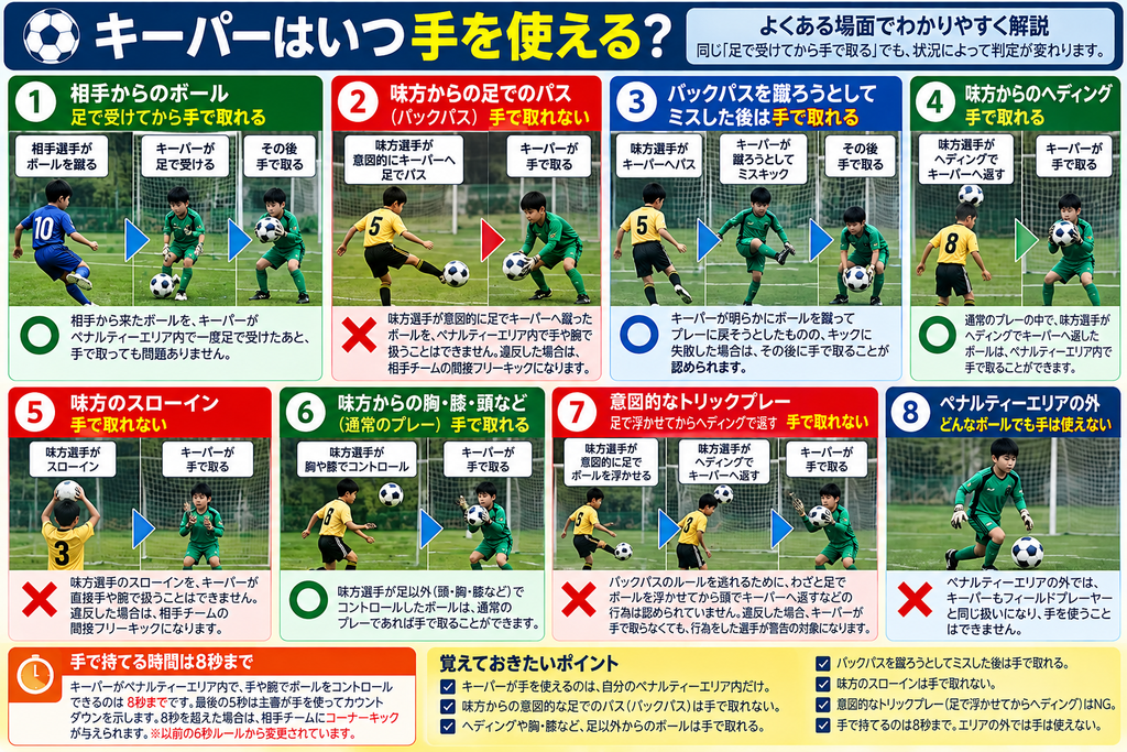 サッカーのキーパーが手で取れる場合と取れない場合を解説した図