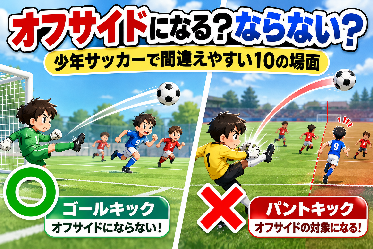 オフサイドになる・ならない？少年サッカーで間違えやすい10の場面を解説。ゴールキックとパントキックの違いを比較したイラスト