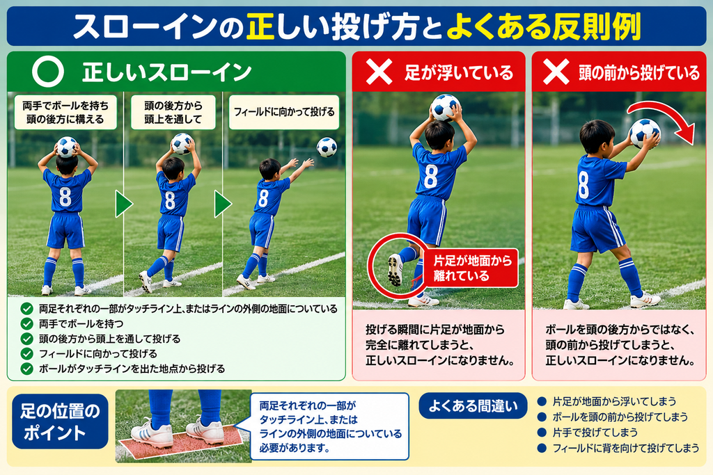 サッカーの正しいスローインと足が浮く・頭の前から投げる反則例