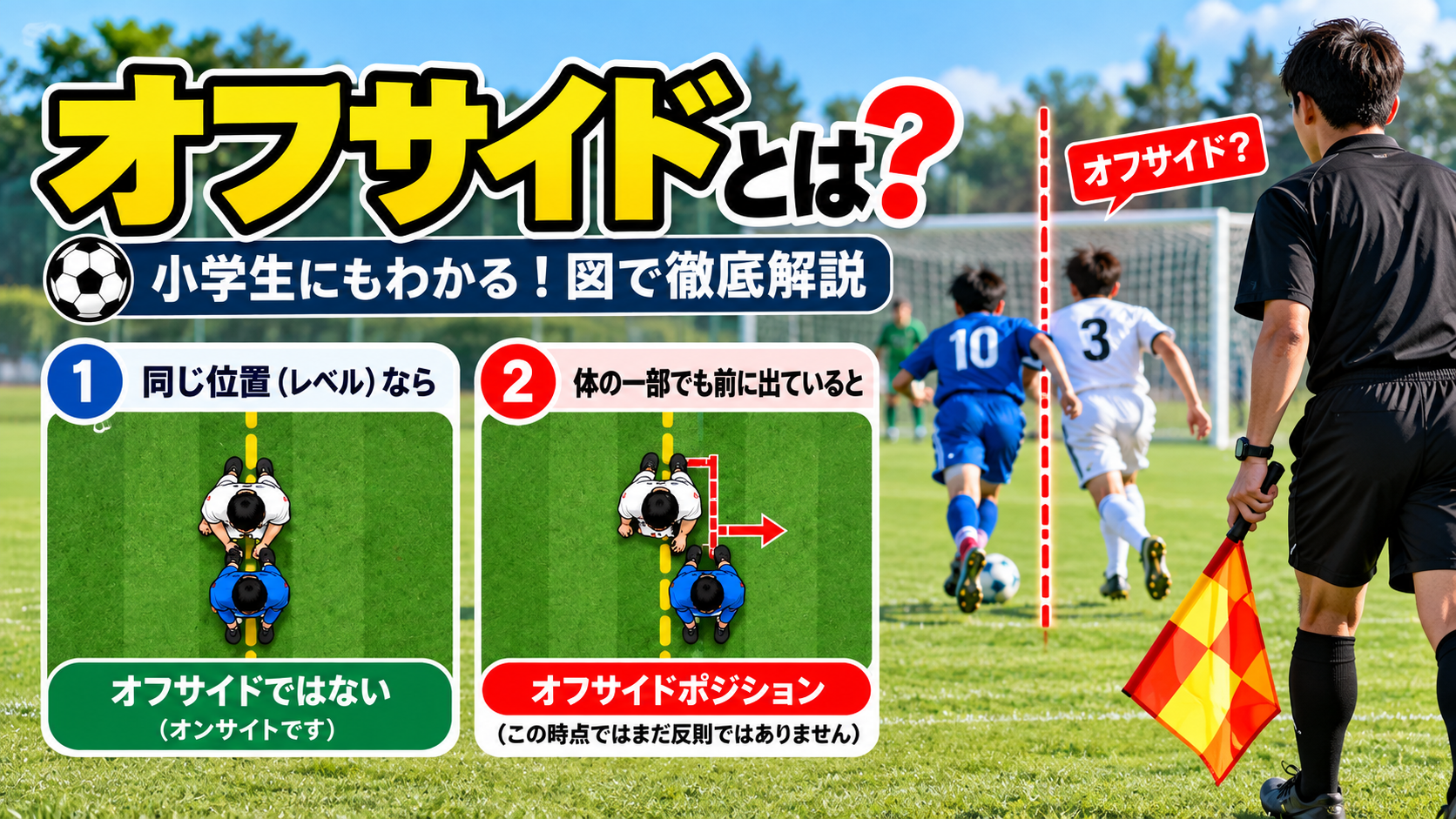 サッカーのオフサイドを初心者向けに解説する図と副審